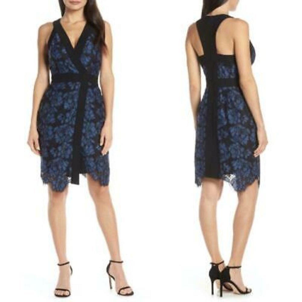 NEW Harlyn L Two Tone Lace Cocktail Sheath Dress Surplice Neck - Picture 1 of 14